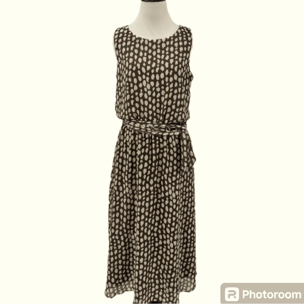 Coldwater Creek sleeveless brown spotted dress with sash women 8